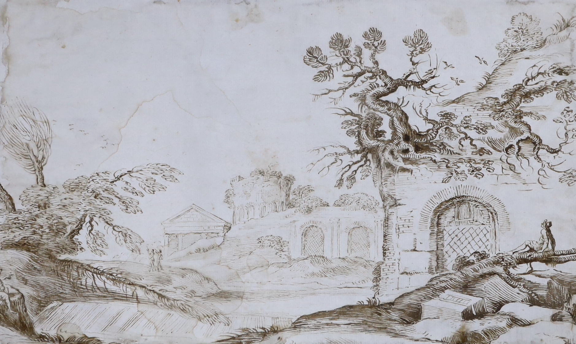 18th century Italian, old master sepia ink sketch, Landscape with ruins, mounted, 25 x 40cm, unframed